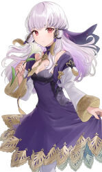  1girl blush breasts cleavage closed_mouth detached_collar dress fire_emblem fire_emblem:_three_houses floating_hair flower gold_trim green_flower haru_(nakajou-28) highres holding holding_flower long_hair looking_at_viewer lysithea_von_ordelia nintendo pantyhose pink_eyes purple_dress simple_background small_breasts smile solo veil white_background white_hair white_pantyhose white_sleeves  rating:Sensitive score:7 user:danbooru