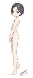  1girl bar_censor barefoot black_hair blush censored dated expressionless flat_chest from_side full_body loli maze_(gochama_ze_gohan) nipples nude original purple_eyes short_hair sideways_glance signature simple_background solo standing turning_head v_arms white_background 