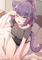 1girl ;o absurdres animal_ears arknights bed black_panties black_shirt blanket breasts cat_ears cat_girl cat_tail collarbone fang from_above hand_up highres jessica_(arknights) k0ng large_breasts long_hair looking_at_viewer motion_lines multicolored_hair no_pants on_bed one_eye_closed open_mouth panties pillow ponytail purple_hair shirt short_sleeves solo tail tearing_up thighs two-tone_hair underwear waking_up rating:Sensitive score:73 user:danbooru