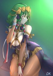  1girl absurdres braid breasts byleth_(female)_(fire_emblem) byleth_(fire_emblem) cleavage cosplay deekei dress fire_emblem fire_emblem:_three_houses gradient_background green_eyes green_hair hair_ornament highres large_breasts looking_to_the_side medium_hair nintendo pantyhose parted_lips side_braid simple_background solo sothis_(fire_emblem) sothis_(fire_emblem)_(cosplay) tiara twin_braids  rating:Sensitive score:24 user:danbooru