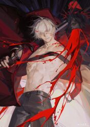  1boy absurdres belt_bra bishounen black_pants blood blood_on_clothes blood_on_face blue_eyes coat collarbone dante_(devil_may_cry) devil_may_cry devil_may_cry_(series) devil_may_cry_3 fingerless_gloves gloves highres holding holding_weapon long_hair looking_at_viewer male_focus muscular muscular_male pants rebellion_(sword) red_coat smile solo sword toned toned_male topless_male weapon weibo_2522938485 white_hair 