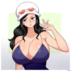  1girl absurdres bare_arms bare_shoulders black_hair blue_eyes blush breasts cleavage closed_mouth dress eyelashes glasses glasses_on_hat glasses_on_head hat highres large_breasts long_hair looking_to_the_side nico_robin one_piece purple_dress simple_background solo sweat tagme upper_body  rating:Sensitive score:79 user:Ahegao_lmao