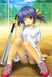  00s absurdres baseball_bat blue_hair bottomless clannad cleft_of_venus highres key_(company) loli mutsuki_(moonknives) no_panties one_eye_closed pussy ribbon shoes short_hair sneakers sunohara_mei twintails wink  rating:Explicit score:107 user:Submariner