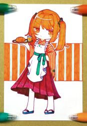 1girl apron art_tools_in_frame bad_id bad_twitter_id ballpoint_pen_(medium) bell_pepper bell_pepper_slice blush_stickers commentary_request cup deformed drink drinking_glass drinking_straw food food_print frilled_apron frills full_body green_sash hair_intakes hair_ornament hand_on_own_hip hand_up highres holding holding_tray ice ice_cube japanese_clothes kimono legs_apart long_skirt long_sleeves looking_at_viewer medium_hair napolitan open_mouth orange_hair orange_kimono original pantyhose pasta photo_(medium) piyoko9494 plate pleated_skirt print_apron print_kimono red_skirt sandals sash skirt solo standing striped_clothes striped_kimono traditional_media tray twintails v-shaped_eyebrows waitress white_apron white_pantyhose wide_sleeves zouri