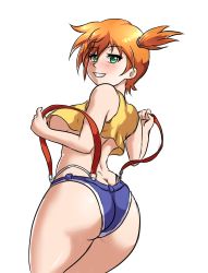  1girl ass blush breasts butt_crack creatures_(company) denim denim_shorts female_focus game_freak green_eyes grin highres leonart looking_at_viewer misty_(pokemon) naughty_face nintendo orange_hair panties pokemon pokemon_(anime) pokemon_(classic_anime) ponytail short_hair shorts side_ponytail sideboob smile solo strap_pull suspenders thong underboob underwear white_panties  rating:Questionable score:74 user:elemental_guy