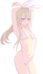  1girl armpits arms_up bikini blonde_hair blue_bow blue_eyes bow breasts cleavage collarbone cowboy_shot flat_chest floating_hair hair_between_eyes hair_bow highleg highleg_bikini kantai_collection kasutaso long_hair navel shimakaze_(kancolle) simple_background small_breasts solo standing swimsuit underboob very_long_hair white_background white_bikini 