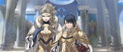  alfonse_(fire_emblem) blue_gloves colored_skin fire_emblem fire_emblem_heroes gloves golden_armor highres king letizia_(fire_emblem) nintendo older_woman_and_younger_man queen red_eyes throne_room white_skin  rating:General score:10 user:FatefulCorn
