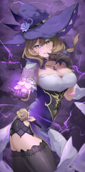  1girl black_thighhighs breasts brown_hair cleavage commentary_request electricity flower genshin_impact gloves golden_rose green_eyes hair_flower hair_ornament hat hat_belt hat_flower highres large_breasts lisa_(genshin_impact) long_hair looking_at_viewer oribito_(dnwd3782) purple_flower purple_hat purple_rose rose smile solo thighhighs witch_hat 