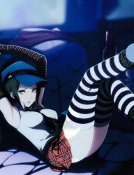 1girl armpits black_hair blue_hat elbow_gloves gloves green_eyes hat long_hair looking_at_viewer marie_(persona_4) persona persona_4 persona_4_the_golden pleated_skirt shirt short_hair skirt sogabe_shuuji solo striped_clothes striped_gloves striped_thighhighs thighhighs white_shirt rating:Sensitive score:89 user:danbooru