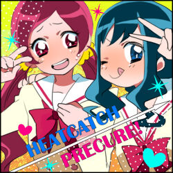  2girls ;q arm_around_neck black_border blue_eyes blue_hair blush border bow bowtie buttons closed_mouth collared_dress commentary_request copyright_name dress furrowed_brow gradient_background hair_ornament hair_scrunchie hanasaki_tsubomi hand_on_another&#039;s_shoulder heart heartcatch_precure! kurumi_erika long_hair long_sleeves looking_at_another looking_at_viewer low_twintails multiple_girls myoudou_gakuen_middle_school_uniform nervous_smile one_eye_closed pink_bow pink_bowtie pink_eyes pink_hair polka_dot precure sailor_collar school_uniform scrunchie simple_background smile sparkle sweat teeth tongue tongue_out twintails upper_body upper_teeth_only v very_long_hair wavy_hair white_sailor_collar yellow_background yellow_dress yellow_scrunchie yellow_sleeves yui_(marine-drive) 