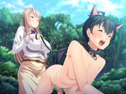  1boy 1girl age_difference anal_tail animal_ears belt black_hair blonde_hair blush breasts butt_plug cat_ears cat_tail censored closed_eyes clothed_female_nude_male cloud collar crawling cum exhibitionism fake_tail femdom game_cg kurinohana large_breasts leash long_hair nude open_mouth outdoors penis pet_play public_indecency sex_toy short_hair shota size_difference sky slave smile tail teeth tongue tree walking  rating:Explicit score:77 user:TornAsunder