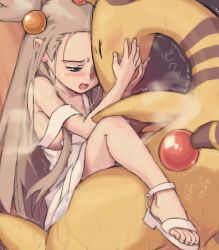  1girl ampharos bad_link bestiality blush brown_hair couple creatures_(company) cum dress feet flat_chest from_side game_freak gen_2_pokemon girl_on_top gym_leader happy_sex hetero implied_sex jasmine_(pokemon) long_hair mimolette_(mimo) nintendo open_mouth petite pokemon pokemon_(creature) pokemon_gsc pokephilia sandals sex strap_slip toes vaginal  rating:Explicit score:427 user:danbooru