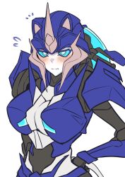  1girl absurdres animal_ears arcee blue_eyes blue_sclera blush breasts cat_ears colored_sclera embarrassed hands_on_own_hips helmet highres konro_yoyogei large_breasts simple_background transformers transformers_prime white_background 