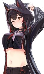 1girl black_choker black_hair black_jacket black_shorts breasts choker closed_mouth commentary_request crop_top crop_top_overhang enumiyaa grey_neckerchief highres hololive hood hood_up hooded_jacket jacket large_breasts looking_ahead midriff multicolored_hair multicolored_neckerchief navel neckerchief official_alternate_costume one_eye_closed ookami_mio ookami_mio_(another_ookami_mio) open_clothes open_jacket orange_eyes red_hair red_neckerchief sailor_collar shorts simple_background solo stomach streaked_hair stretching virtual_youtuber white_background white_sailor_collar 