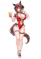  1girl alternate_costume animal_ears asymmetrical_footwear barefoot black_footwear breasts brown_hair cleavage commentary_request cup detached_sleeves drinking_straw ear_covers ear_ornament full_body gentildonna_(umamusume) hair_between_eyes highleg highleg_swimsuit highres holding holding_cup horse_ears horse_girl horse_tail large_breasts long_hair long_sleeves mismatched_footwear navel one-piece_swimsuit pendant_choker red_eyes red_one-piece_swimsuit sandals see-through see-through_sleeves simple_background smile solo strappy_heels swimsuit tail thigh_strap umamusume vococo white_background white_footwear wrist_cuffs 