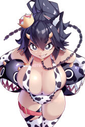  1girl animal_ears animal_print belt black_eyes breasts chain chain_chomp commentary cow_print hair_between_eyes highres horns hot_vr large_breasts leg_belt looking_at_viewer mario_(series) new_super_mario_bros._u_deluxe nintendo one-piece_swimsuit patreon_username ponytail princess_chain_chomp red_belt sharp_teeth short_hair simple_background smile solo super_crown swimsuit teeth thighhighs white_background white_one-piece_swimsuit white_thighhighs yellow_horns 
