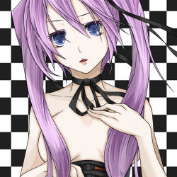  1girl alternate_color bad_id bad_pixiv_id blue_eyes breasts censored checkered_background choker convenient_censoring hair_censor hair_over_breasts hand_on_another&#039;s_chest hand_on_own_chest hatsune_miku long_hair medium_breasts open_mouth purple_hair solo tomoesei_chuuya twintails vocaloid 