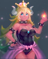  1girl armlet armpits bare_shoulders blonde_hair blue_eyes blue_gemstone blurry bokeh bowsette bracelet breasts cleavage collar colored_skin cowboy_shot crown depth_of_field dress earrings fingernails fire gem grey_background hair_between_eyes hand_on_own_hip highres horns jewelry large_breasts legs_together leotard long_fingernails looking_at_viewer mario_(series) md5_mismatch nintendo ponytail red_skin resolution_mismatch segamark sharp_teeth shell simple_background solo source_larger spiked_armlet spiked_bracelet spiked_collar spikes standing super_crown teeth 