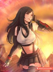  1girl bare_shoulders black_gloves black_hair black_skirt black_thighhighs blurry blurry_background breasts closed_mouth cowboy_shot crop_top elbow_gloves final_fantasy final_fantasy_vii final_fantasy_vii_rebirth final_fantasy_vii_remake fingerless_gloves gloves large_breasts long_hair looking_to_the_side midriff moonllita navel outdoors patreon_username pink_lips red_eyes single_arm_guard skirt smile solo sunset suspender_skirt suspenders swept_bangs tank_top thighhighs tifa_lockhart watermark white_tank_top zettai_ryouiki  rating:Sensitive score:2 user:cp456000