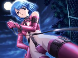 1girl bdsm blue_hair breasts cloud collar dominatrix female_focus femdom from_below game_cg imouto_watashi_donna_koto_datte... leash leather moon night outdoors plant pov purple_eyes sky small_breasts solo standing strap thighhighs rating:Explicit score:44 user:murmeltier
