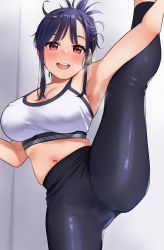 1girl :d arm_up armpits black_hair black_pants blush breasts cleavage commentary_request copyright_request elder_cousin_(igarashi_kyouhei) high-waist_pants highres igarashi_kyouhei indoors large_breasts looking_at_viewer navel open_mouth original pants ponytail purple_eyes round_teeth short_hair_with_long_locks sidelocks skindentation smile solo split sports_bra standing standing_on_one_leg standing_split steaming_body teeth upper_teeth_only yoga_pants rating:Sensitive score:98 user:danbooru