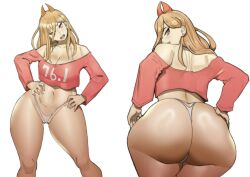  1girl absurdres ass blonde_hair breasts cameltoe chainsaw_man commentary cowboy_shot crop_top curvy demon_girl demon_horns doublehero english_commentary front_and_back gluteal_fold grin hair_between_eyes hands_on_own_hips highleg highleg_panties highres horns huge_ass large_breasts long_hair long_sleeves looking_at_viewer looking_back midriff multiple_views navel no_pants number_print panties partially_visible_vulva pink_shirt power_(chainsaw_man) sharp_teeth shirt smile smug solo standing symbol-shaped_pupils teeth thick_thighs thighs underwear wedgie white_background white_panties wide_hips yellow_eyes  rating:Questionable score:106 user:danbooru