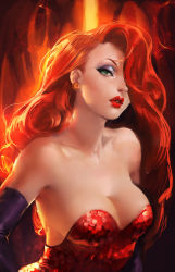  1girl bare_shoulders breasts cleavage disney earrings elbow_gloves face gloves green_eyes hair_over_one_eye highres image_sample jessica_rabbit jewelry lips lipstick long_hair makeup medium_breasts orange_hair red_lips sakimichan sequins solo who_framed_roger_rabbit  rating:Sensitive score:169 user:danbooru