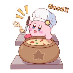  :d absurdres blue_eyes blush_stickers chef_hat commentary_request cook_kirby english_text food hat highres holding kirby kirby&#039;s_dream_land kirby_(series) ladle nintendo notice_lines open_mouth simple_background smile solo standing star_(symbol) white_background white_hat yuya090602 