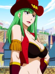  1girl armband bisca_mulan black_top breasts cleavage cowboy_hat crop_top cropped_vest fairy_tail green_hair hat large_breasts lipstick long_hair lowres makeup midriff mature_female navel open_clothes open_vest solo tagme upper_body vest  rating:Sensitive score:49 user:Marisa1985