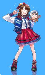  1girl :&gt; :d ^_^ anchor_choker artist_name baseball_cap black_choker blue_background blush blush_stickers boots brown_hair character_doll choker closed_eyes clothes_writing doll full_body grey_hair group_name hat holding holding_doll hyugo jacket layered_skirt long_sleeves love_live! love_live!_sunshine!! mascot_costume medium_hair nesoberi o_o open_mouth pleated_skirt red_skirt reflective_floor saitou_shuka sideways_hat skirt smile solo sparkle standing uchicchii v_over_eye voice_actor voice_actor_connection walrus_costume watanabe_you 