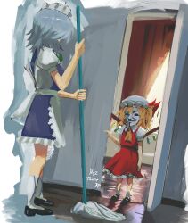  2girls absurdres anonymous_(4chan) apron artist_name ascot back_bow black_footwear blonde_hair blue_skirt blue_vest bow collared_shirt curtains flandre_scarlet frilled_apron frilled_skirt frills from_side full_body grey_hair guy_fawkes_mask hat hat_ribbon highres holding holding_mop indoors izayoi_sakuya large_bow looking_at_another maid maid_headdress mary_janes mask medium_hair mob_cap mop multicolored_wings multiple_girls nyztsune one_side_up open_door puffy_short_sleeves puffy_sleeves red_curtains red_ribbon red_skirt red_vest ribbon shirt shoes short_sleeves skirt skirt_set socks standing touhou vest waist_apron white_apron white_bow white_headwear white_shirt white_socks wings wooden_floor yellow_ascot 