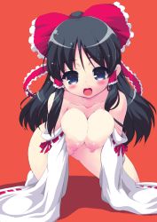  1girl all_fours bad_id bad_pixiv_id black_hair blue_eyes bow breasts detached_sleeves female_focus hair_bow hair_tubes hakurei_reimu large_breasts long_hair naitou_satoshi nipples nude open_mouth solo touhou 