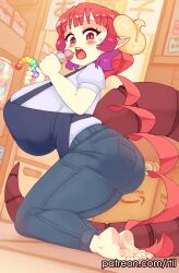  1girl absurdres apron barefoot breasts candy denim dragon_girl dragon_horns dragon_tail feet food full_body highres holding holding_candy holding_food horns huge_breasts ilulu_(maidragon) indoors juliet_sleeves kneeling kobayashi-san_chi_no_maidragon long_sleeves looking_at_viewer open_mouth patreon_username pointy_ears puffy_sleeves red_eyes rtil sharp_teeth shortstack soles solo sweatdrop tail teeth toes tongue upper_teeth_only watermark web_address  rating:Sensitive score:54 user:anon-sama3