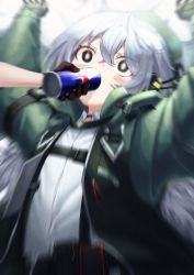 2girls arms_up black_gloves blush_stickers can dress_shirt energy_drink g11_(girls&#039;_frontline) g11_(mod3)_(girls&#039;_frontline) girls&#039;_frontline gloves green_headwear green_jacket grey_hair hair_between_eyes hat highres holding holding_can jacket long_hair long_sleeves mod3_(girls&#039;_frontline) multiple_girls open_clothes open_jacket pellas_(panix2383) red_bull shirt solo_focus upper_body white_shirt rating:Sensitive score:13 user:danbooru