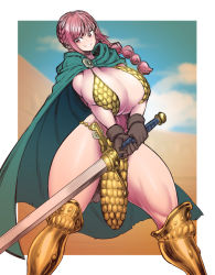  1girl armor armored_boots artist_request black_gloves boots braid braided_ponytail breasts cape cleavage curvy gloves green_cape grin huge_breasts one_piece pink_eyes pink_hair rebecca_(one_piece) smile solo source_request space_jin standing sword thick_thighs thighs weapon 