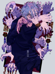  blood blue_hair boku_no_hero_academia covered_mouth disembodied_hand hand_on_head male_focus nekodou_(yukatin1000) red_eyes shigaraki_tomura short_hair simple_background solo  rating:Sensitive score:2 user:Hypersexual