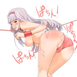 1girl a1_(initial-g) ass bdsm bent_over bondage bound breasts idolmaster idolmaster_(classic) long_hair medium_breasts nipples purple_eyes purple_hair shijou_takane simple_background slave solo spanked topless rating:Questionable score:62 user:danbooru