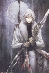  1boy bishounen blood blood_on_clothes castlevania_(series) castlevania:_aria_of_sorrow coat dated double-blade full_moon hair_between_eyes highres kojima_ayami konami long_coat male_focus moon non-web_source solo soma_cruz standing traditional_media trench_coat white_hair 