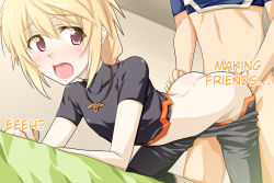  10s 1boy 1girl all_fours alternate_breast_size arched_back ass ass_grab bent_over blonde_hair blush bodysuit bottomless butt_crack charlotte_dunois clothed_sex clothes_pull crop_top crossdressing dimples_of_venus doggystyle flat_chest from_side hard-translated hetero indoors infinite_stratos jewelry long_hair looking_to_the_side low_ponytail moaning necklace no_panties nu_(plastic_eraser) open_mouth orimura_ichika pants pants_pull pendant pilot_suit ponytail purple_eyes raised_eyebrows reverse_trap sex sex_from_behind solo_focus spandex standing third-party_edit translated turtleneck vaginal  rating:Explicit score:142 user:StolenTranslations