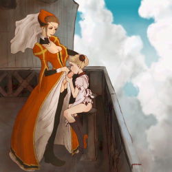  2girls age_difference alvis_hamilton balcony blonde_hair blush bottomless brown_hair cloud dress fellatio futa_with_female futanari hand_on_another&#039;s_head last_exile loli lowres multiple_girls no_testicles oral penis sitting sky standing  rating:Explicit score:184 user:webcrawlergelbooru