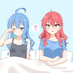  2girls ? ahoge blue_eyes blue_hair blush body_switch breasts cleavage closed_mouth collarbone commentary confused felutiahime green_eyes highres hololive hoshimachi_suisei medium_breasts messy_hair micomet_(hololive) multiple_girls one_eye_closed open_mouth personality_switch pink_hair rubbing_eyes sakura_miko small_breasts spoken_question_mark star_(symbol) star_in_eye symbol_in_eye under_covers virtual_youtuber waking_up 