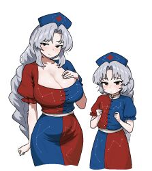 2girls aged_down blush breasts cleavage cocktiel77 hat huge_breasts large_breasts multiple_girls size_difference smile touhou two-tone_dress yagokoro_eirin