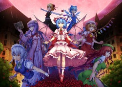  6+girls aka_(shoumae) ascot ass bat_wings blonde_hair blue_eyes blue_hair bobby_socks book bow braid breasts brooch cirno covered_erect_nipples crescent dress embodiment_of_scarlet_devil flandre_scarlet flower full_moon hair_bow hat hat_ribbon hong_meiling impossible_clothes izayoi_sakuya jewelry leaning_forward long_hair maid maid_headdress moon multiple_girls nail_polish neck_ribbon necktie open_mouth outstretched_arms patchouli_knowledge pocket_watch purple_eyes purple_hair red_eyes red_flower red_hair red_moon red_rose remilia_scarlet ribbon robe rose rumia short_hair sidelocks silver_hair skirt skirt_set smile smug socks spread_arms stopwatch striped thighhighs touhou tree twin_braids vertical_stripes vest watch white_legwear wings wrist_cuffs  rating:Sensitive score:22 user:danbooru