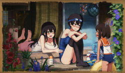 10s 3girls ;d ^_^ akagi_(kancolle) aloe_(plant) bamboo_screen barefoot black_legwear blue_one-piece_swimsuit blush border bottle breast_press breast_rest breasts brown_border brown_eyes brown_hair camisole cleavage closed_eyes clothes_pin clothesline collarbone commentary_request feet feet_together feet_up flip-flops flower glass_float goggles goggles_on_head hair_between_eyes hair_ornament hugging_own_legs i-401_(kancolle) innertube kaga_(kancolle) kantai_collection large_breasts long_hair looking_at_another looking_away looking_to_the_side lotion_bottle lying morning_glory multiple_girls no_shoes nose_blush on_floor on_stomach one-piece_swimsuit one_eye_closed open_mouth pink_shorts plant ponytail purple_flower red_flower sailor_collar sailor_shirt sandals school_swimsuit seashell shell shijukara_(great_tit) shirt short_hair shorts side_ponytail sitting sleeveless sleeveless_shirt smile soles spaghetti_strap spray_bottle standing summer swim_ring swimsuit swimsuit_under_clothes tan teeth the_pose thighhighs toes traditional_media unworn_sandals veranda watering_can wavy_mouth rating:Sensitive score:17 user:danbooru