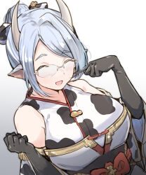  1girl animal_print artist_request black_gloves blue_hair breasts closed_eyes colorized cow_print draph glasses gloves granblue_fantasy highres horns japanese_clothes kimono large_breasts long_ears mature_female open_mouth shatola&#039;s_mother_(granblue_fantasy) simple_background smile solo tagme yukata 