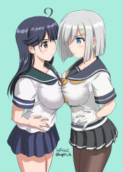  2girls ahoge aqua_background black_hair black_pantyhose blue_eyes blue_neckerchief blue_sailor_collar blue_skirt breast_press breasts commentary_request confrontation dated grey_hair grey_sailor_collar grey_skirt hair_ornament hairclip hamakaze_(kancolle) highres kantai_collection kishi_nisen large_breasts long_hair multiple_girls neckerchief one-hour_drawing_challenge pantyhose pleated_skirt sailor_collar sailor_shirt school_uniform serafuku shirt short_hair skirt symmetrical_docking twitter_username ushio_(kancolle) white_shirt yellow_neckerchief 