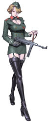 1girl absurdres blonde_hair boots breasts brown_eyes brown_hair carmilla_(operation_darkness) cleavage cleavage_cutout clothing_cutout cross full_body garrison_cap garter_straps gloves gun hair_over_one_eye hat high_heels highres holding holding_gun holding_weapon iron_cross large_breasts legs long_image long_legs military military_uniform miniskirt mp_40 nazi official_art operation_darkness pencil_skirt rifle shoes short_hair simple_background single_glove skirt submachine_gun tall_image thigh_boots thighhighs thighs trigger_discipline uniform weapon wehrmacht  rating:Sensitive score:43 user:danbooru