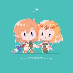  1boy 1girl absurdres ancient_set_(zelda) armlet blonde_hair blue_eyes bracelet chibi commentary copyright_name dress earrings english_commentary green_background green_eyes highres holding holding_hands holding_sword holding_weapon jewelry link looking_at_viewer marina_(mrn9) master_sword necklace nintendo pointy_ears princess_zelda short_hair simple_background sleeveless sleeveless_dress sword the_legend_of_zelda the_legend_of_zelda:_tears_of_the_kingdom weapon 