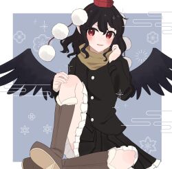  1girl alternate_costume asumi276 bird_wings black_hair black_jacket black_skirt black_wings blue_background blush boots border brown_footwear brown_scarf buttons commentary_request feathered_wings frilled_skirt frills geta hand_in_own_hair hat head_tilt highres jacket long_sleeves looking_at_viewer miniskirt parted_lips pleated_skirt pom_pom_(clothes) red_eyes red_hat scarf shameimaru_aya shoe_soles short_hair sitting skirt solo tengu-geta tokin_hat touhou wavy_hair white_border wings 