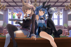 2girls animal_ears ascot asymmetrical_legwear black_ascot black_jacket black_leotard black_necktie black_pantyhose blue_hair breasts brown_hair casino chair chandelier commentary_request covered_navel cowboy_shot crossed_legs day fake_animal_ears food fox_ears frown highres holding holding_tray ice_cream ice_cream_float ivuki jacket leotard looking_at_viewer medium_breasts medium_hair miniskirt multiple_girls necktie off_shoulder on_table open_clothes open_jacket original oversized_clothes pantyhose pink_nails poker_chip poker_table rabbit_ears sitting skirt small_breasts smile sundae sunlight table thighhighs tray white_skirt white_thighhighs window yellow_eyes 